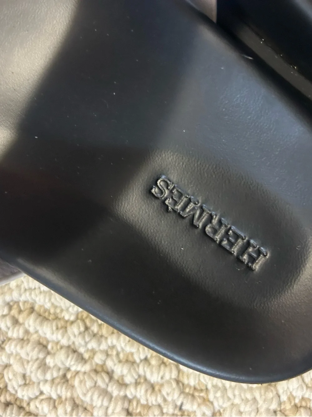 Hermes Black Leather Logo Slide Sandals